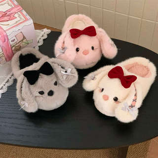 XIXITIAO Dép Cotton Nơ Thỏ Giữ Ấm Nữ Mùa Đông Nhà Đế Mềm Thoải Mái
