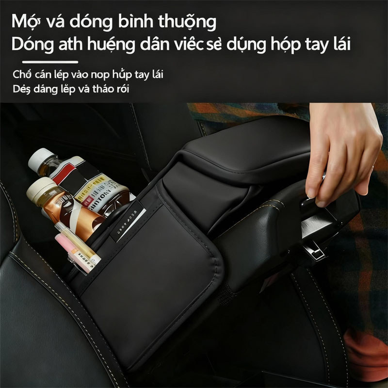 Đệm tỳ tay ô tô 4 trong 1, có hộp đựng đa năng, có giá đỡ cốc, Chất liệu bọc da PU cao cấp