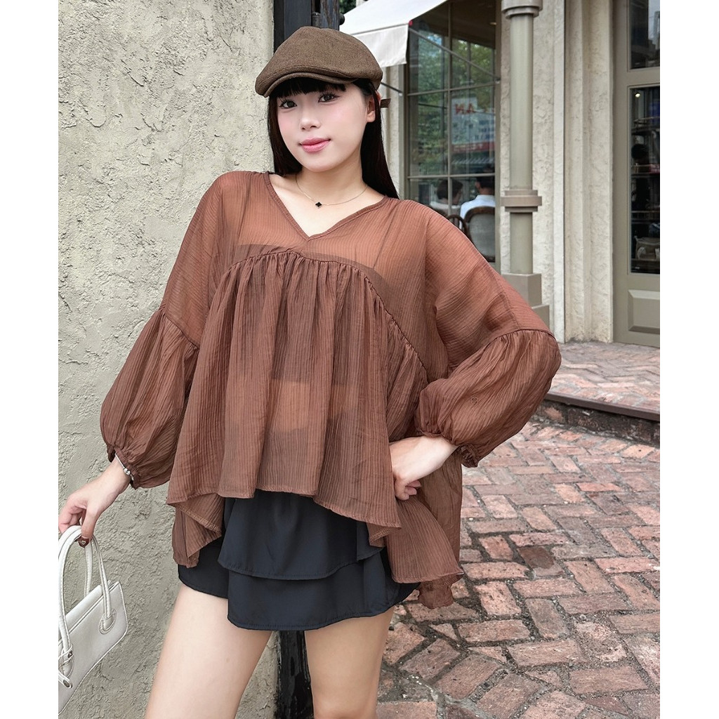 Áo Nữ Dáng Babydoll Kiểu Tay Bồng Cổ V  Phong Cách Tiểu Thư Sang Chảnh A51313