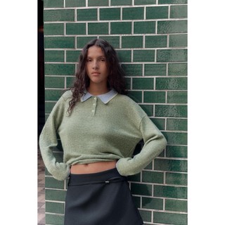 áo len Zara made in Morocco xanh lá cổ polo blue sáng cực tây