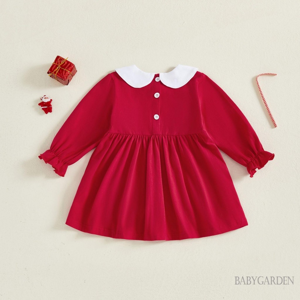 6M-5Y Bé Gái Váy Giáng Sinh Tay Dài babydoll Cổ Thêu Ông Già Noel Mùa Thu Đầm
