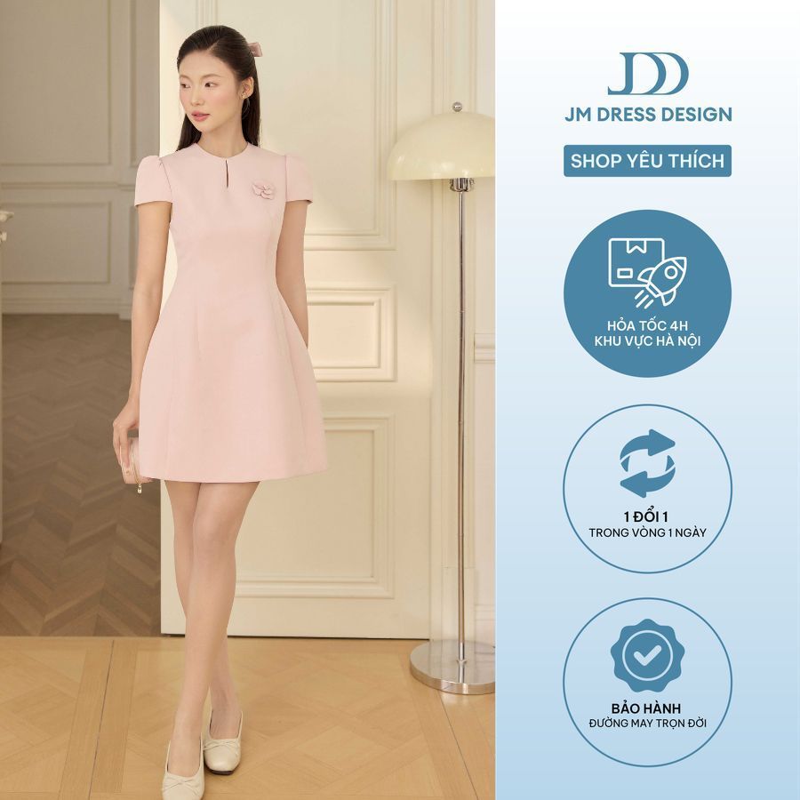 Đầm Thu Đông Cổ Tròn Cutout, Đính Hoa 3D Ngực 1F03.2601. Đầm Nữ Thanh Lịch Dáng  A Dự Tiệc Đi Làm Phong Cách Tiểu Thư JM