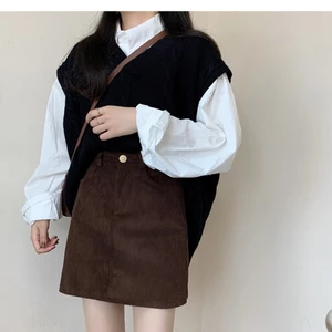 Mùa Thu Mới Retro Co Giãn Eo Cotton Nguyên Chất Chữ A Midi Corduroy Váy Nữ Hàng Ngày Dạo Phố Váy Mini Cho Nữ