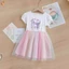 ✿ Bé Gái Tay Phồng Gradient Lưới Đầm Mềm Cotton In Hoạt Hình Top Lưới Váy Mùa Hè Ngày Lễ Mặc