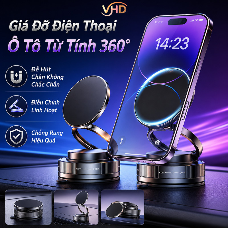Giá Đỡ Điện Thoại Ô Tô Từ Tính 360° - Đế Hút Chân Không Chắc Chắn, Điều Chỉnh Linh Hoạt, Chống Rung Hiệu Quả