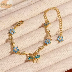 Vòng tay dây chuyền NKSFX, Vòng tay hoa nhiều màu Y2K, Thanh lịch có thể điều chỉnh nơ bướm pha lê Vòng tay nữ Quà tặng trang sức