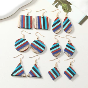 Bohemian Hợp Thời Trang Retro Nhiều Màu Sắc Gỗ Nhựa Khâu Bông Tai Tròn Kim Cương Hình Học Mặt Dây Chuyền Tai Móc Bông Tai