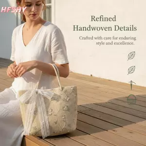 HFSHY Dệt Rơm Túi Tote Thêu Hoa Ren Nơ Chi Tiết Dung Tích Lớn Cho Hàng Ngày Đi Biển Mua Sắm VN
