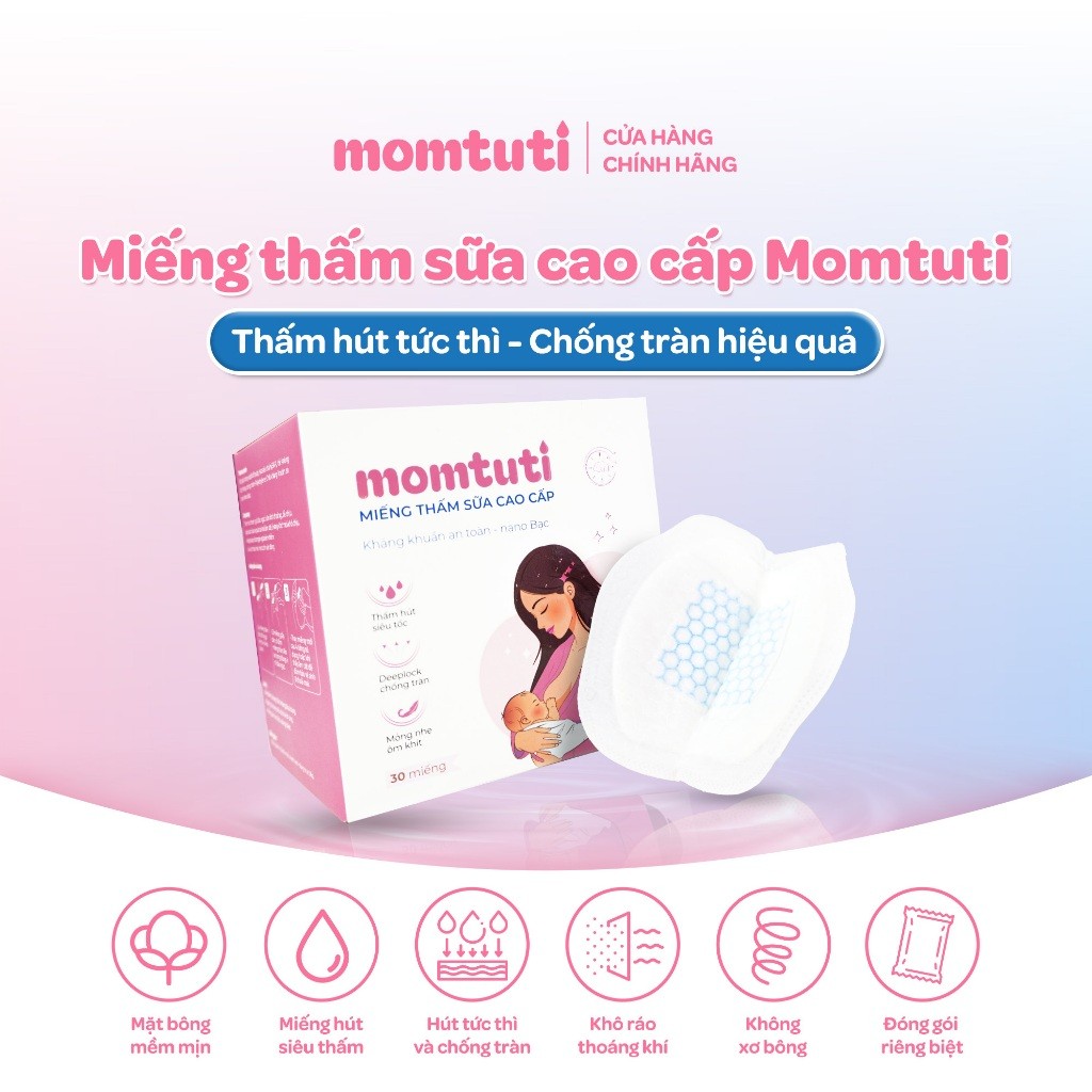 Miếng Lót Thấm Sữa Mỏng Nhẹ Thấm Hút Nhanh Momtuti Dành Cho Mẹ Bỉm Chống Tràn 360 độ (30 miếng/hộp)