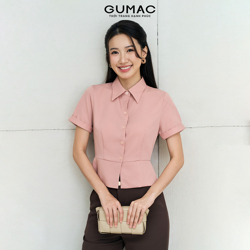 Áo Sơ Mi Nữ GUMAC Dáng Lửng Ôm Eo Tay Ngắn Lật Lai Chất Chéo Ý Thoáng Mát LAF0518
