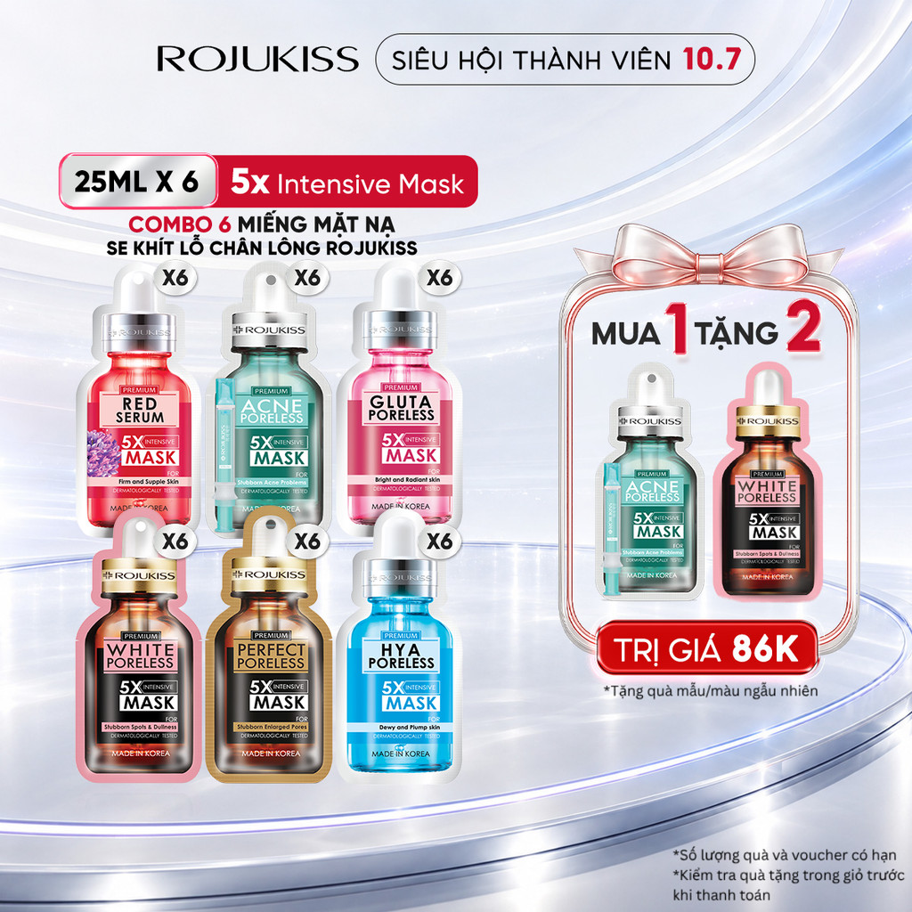 Combo 6 Miếng Mặt Nạ Se Khít Lỗ Chân Lông ROJUKISS Poreless 5x Intensive Mask 25ml