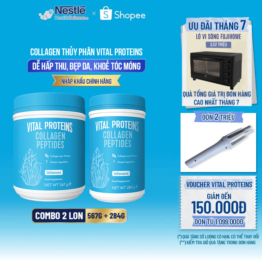 Combo Collagen Thủy Phân Dạng Bột NESTLÉ VITAL PROTEINS Mỹ Hỗ Trợ Làm Đẹp Da,Móng,Tóc 567G & 284G