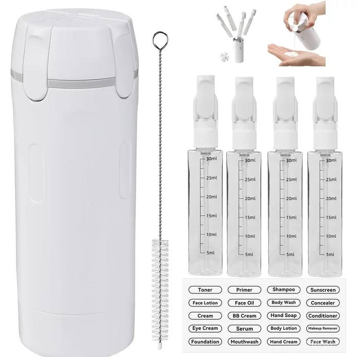 Đóng chai phụ du lịch bốn trong một, Chai du lịch đồ dùng vệ sinh 4 gói 30ml, Bộ chai di động chống rò rỉ có thể tái sử dụng, Thích hợp cho dầu gội, Gel tắm, Thích hợp cho du lịch, phòng tập thể dục, 