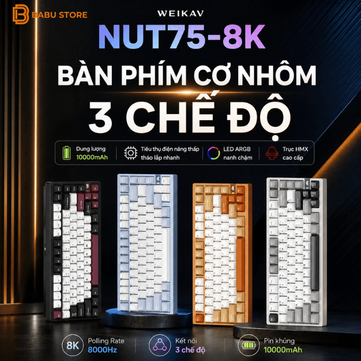 [B-12TH] Bàn Phím Nut75 |3 Modes | Nhôm CNC | Led RGB | 8K
