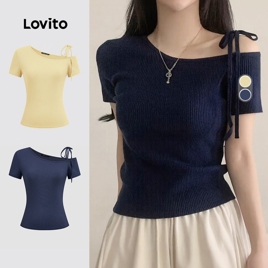 Lovito Áo thun phong cách thường ngày cột dây mùa xuân/hè màu xanh navy cho nữ L171ED364