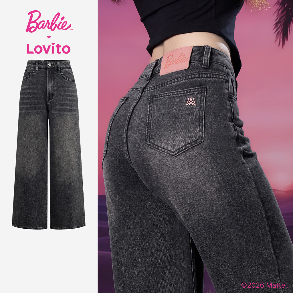 Barbie™ X Lovito Quần Jeans Nữ Đen Xuân/Hè Eo Trung Chân Thẳng Thêu Họa Tiết Nút Có Túi LBL5AD054