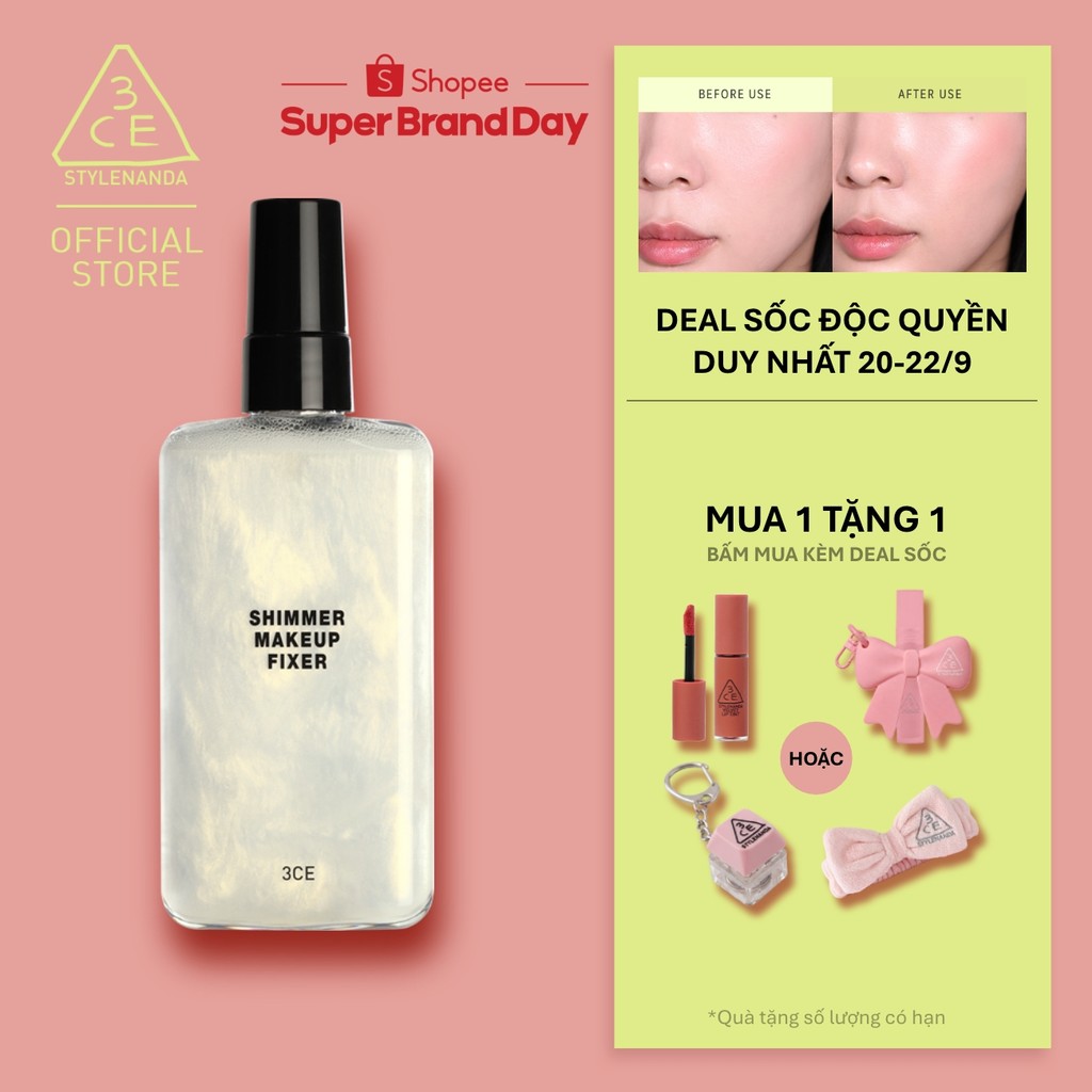 Xịt Khóa Nền 3CE Shimmer Makeup Fixer Tia Sương Mỏng Nhẹ, Bền Chắc Lâu Trôi, Hiệu Quả Giữ Ẩm Căng Bóng