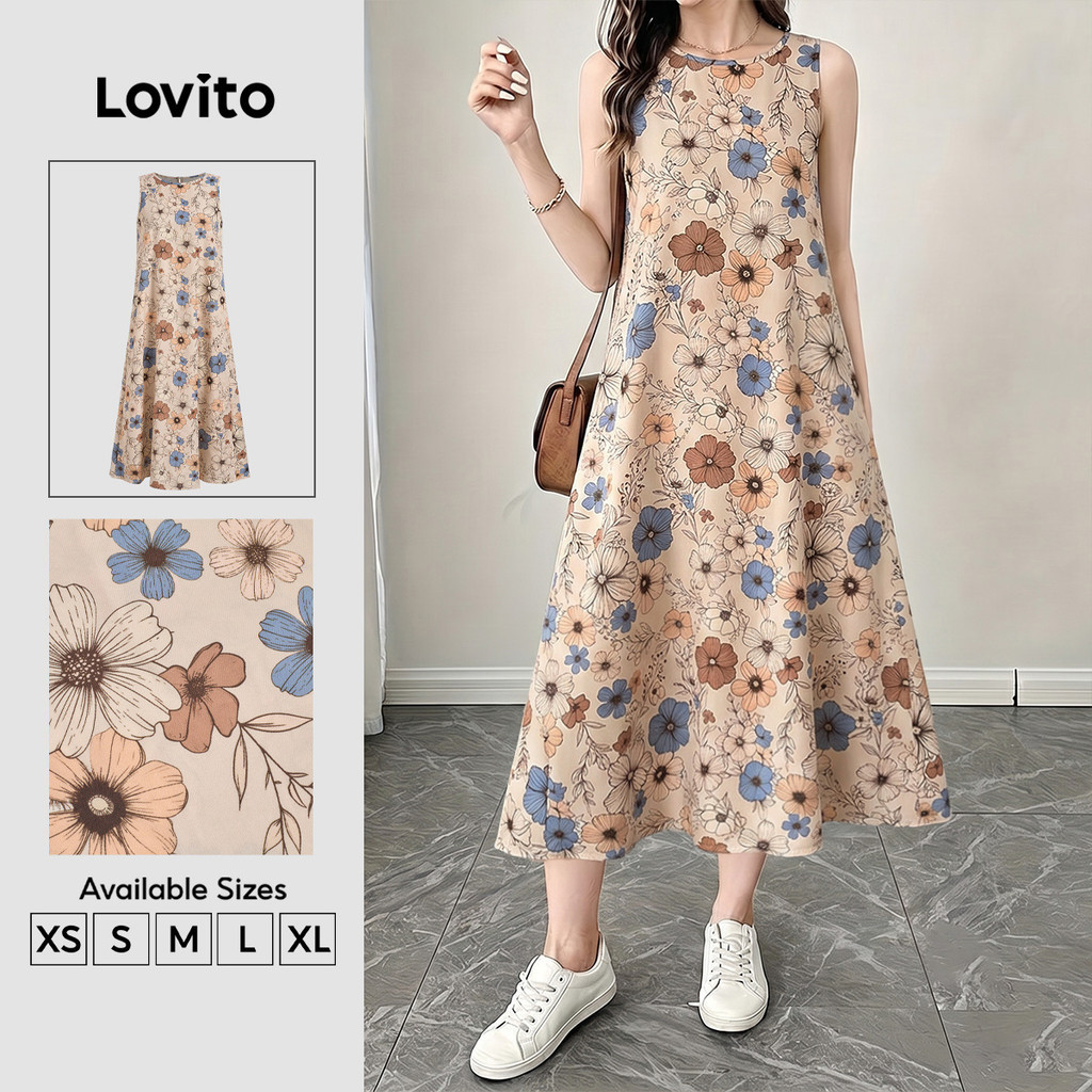 (New Arrival) Lovito Váy Nữ Dáng a Dài Xếp Drapê Họa Tiết Hoa Boho Cho Mùa Xuân Hè Nghỉ Dưỡng DRB201P1D267