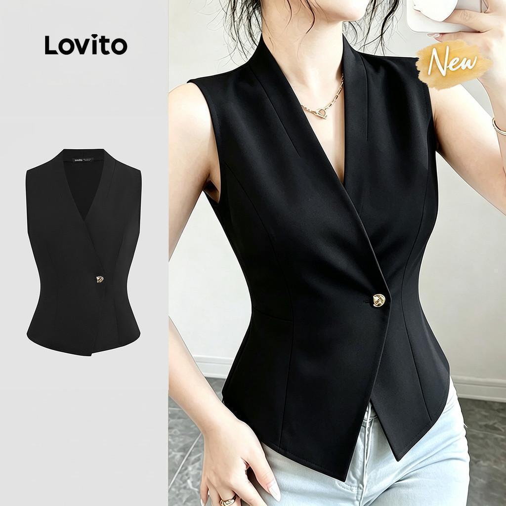 Lovito Áo nữ đen thời trang xuân hè nút bất đối xứng thanh lịch LK7ED563