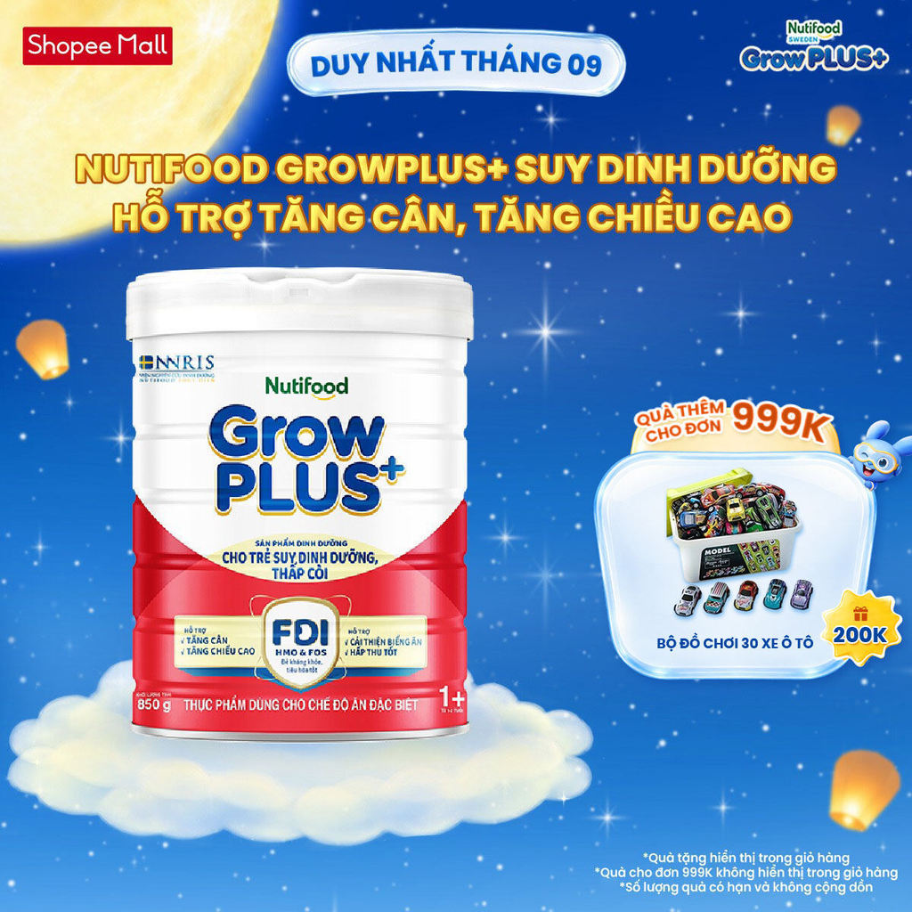 Sữa bột Nutifood GrowPLUS+ Suy Dinh Dưỡng (Đỏ) - Tăng Cân & Tăng Chiều Cao (Lon 850g) 1+