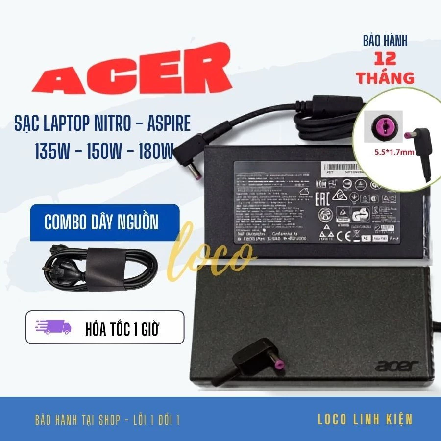 Sạc Laptop ACER gaming 135W 180W 230W cho Laptop Acer Nitro 5 Aspire 7 V15 Gateway One, Acer Predator Bảo Hành 12 tháng