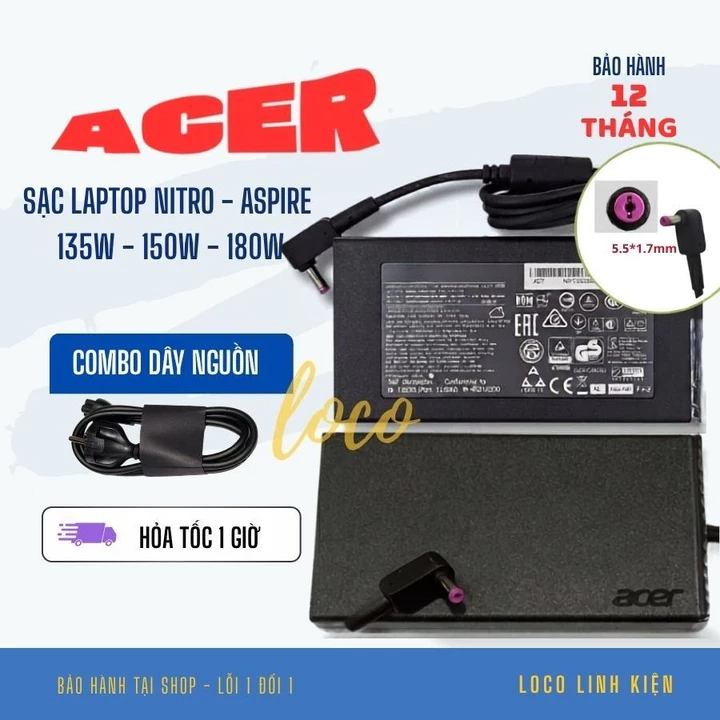 Sạc Laptop ACER gaming 135W 180W 230W cho Laptop Acer Nitro 5 Aspire 7 V15 Gateway One, Acer Predator Bảo Hành 12 tháng