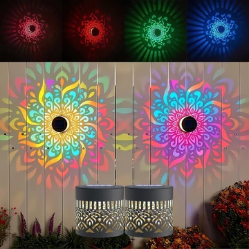 Đèn hàng rào năng lượng mặt trời 2 mảnh, Đèn chiếu hoa văn Mandala thay đổi 7 màu Đèn ngoài trời năng lượng mặt trời, Đèn tường năng lượng mặt trời chuyển đổi tự động, Đèn năng lượng mặt trời trang tr