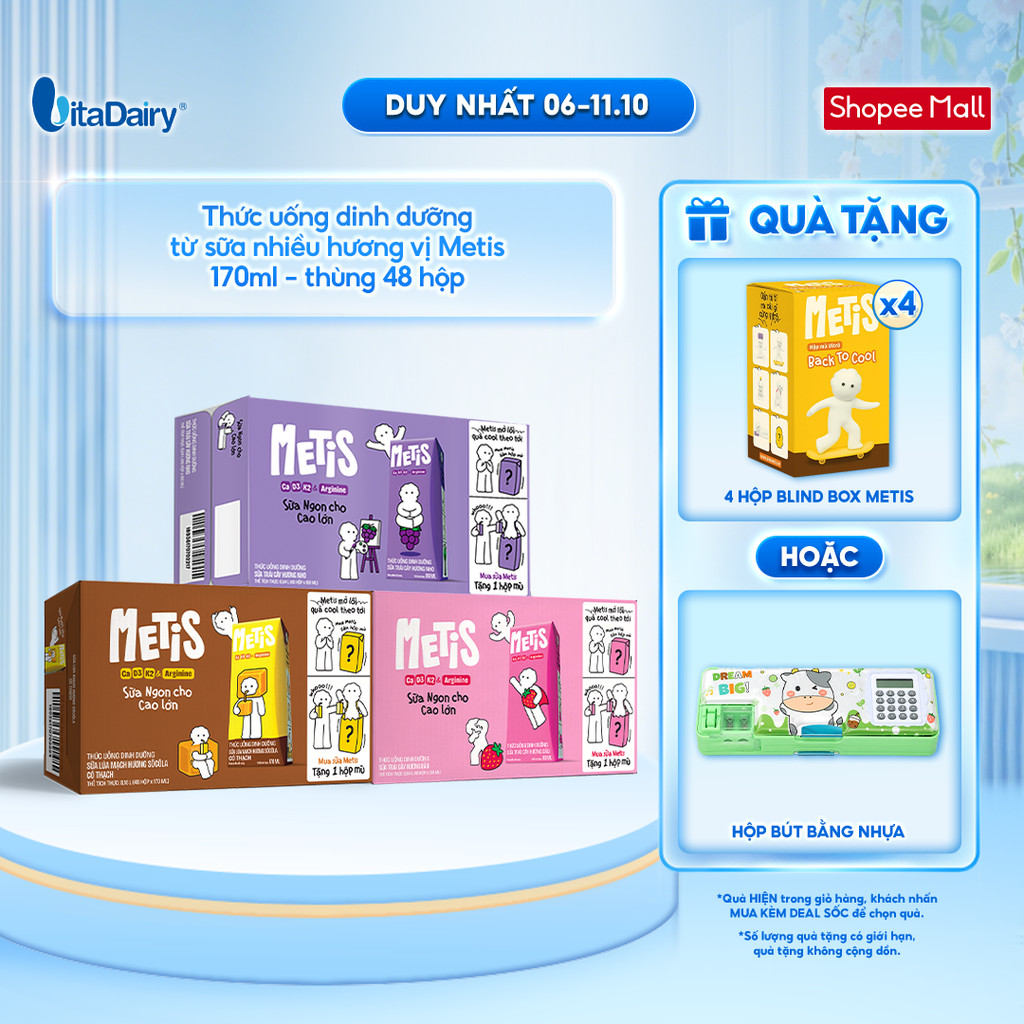 [THÙNG 48 HỘP] Thức uống dinh dưỡng Metis hương nho/dâu/Socola có thạch 170ml - Thơm ngon dễ uống, Bé thích mê
