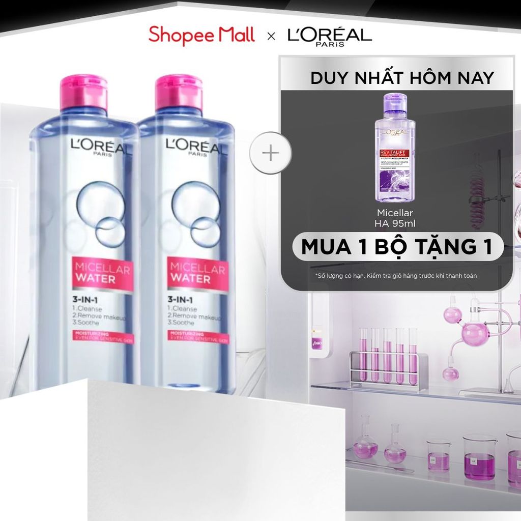 Bộ 2 nước tẩy trang dưỡng ẩm mượt da 3in1 L'Oreal Paris Micellar Water 400ml
