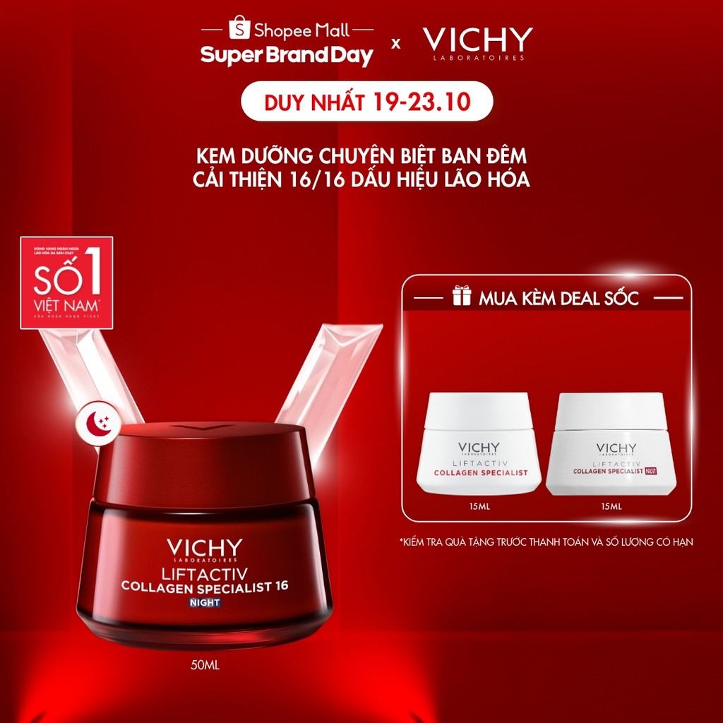Kem dưỡng đêm Vichy Collagen 16 giúp trẻ hóa da, ngăn ngừa và giảm nếp nhăn, làm sáng da, giúp da căng đầy 50ml
