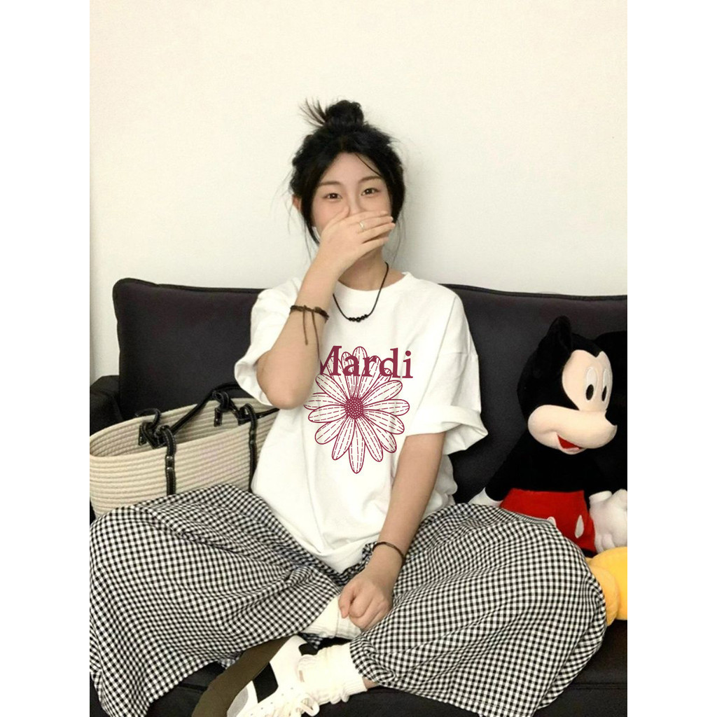 Kanos_shop | áo nữ cá tính, Hàn quốc dễ thương đa năng Flower print 100% cotton áo sơ mi tay ngắn