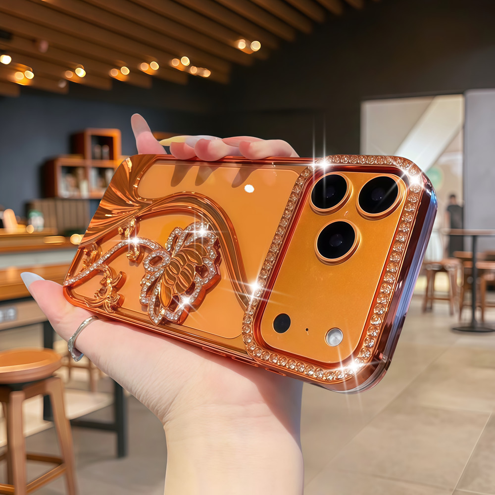 Ốp Điện Thoại Sen Kim Cương Lấp Lánh Sang Trọng Cho iPhone 17 Pro Max 16 12 13 14 15 Pro Max Ống Kính Bảo Vệ Camera Vỏ Chống Sốc TPU Vỏ Mềm Vỏ Bảo Vệ Điện Thoại