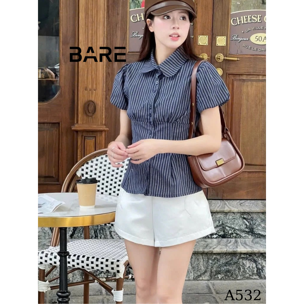 Áo Sơ Mi Kẻ Tay Bồng. Ao Sơ Mi Nữ Cộc Tay Buộc Eo Sau_A532