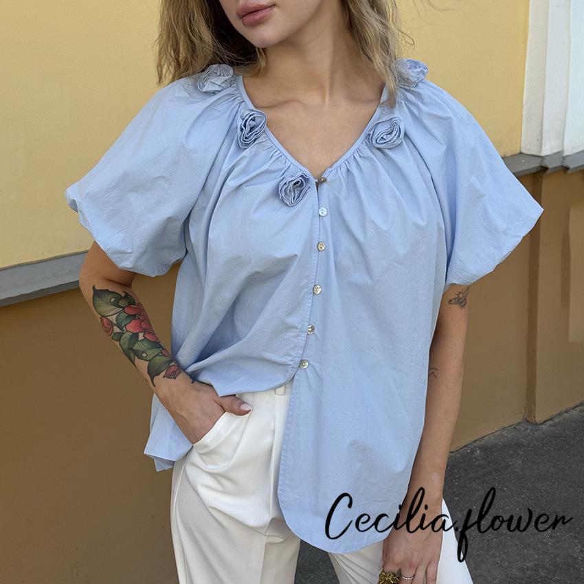 ÁoCropTop cổ chữ V phong cách Hàn Quốc, tay bồng ngắn, họa tiết hoa, dáng rộng tiện lợi cho hàng ngày