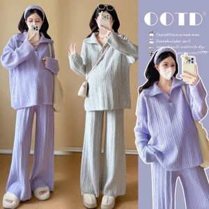 Bộ đồ bà bầu thời trang thu đông với áo len nửa mở cổ và quần ống rộng hai mảnh
