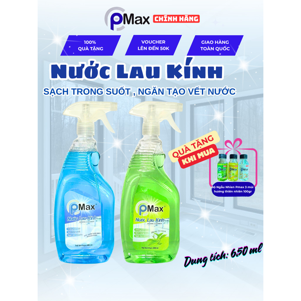 [Quà] Nước Lau Kính PMAX 650ml Hương Thơm Dịu - Sạch Bóng, Làm Mờ Vết Xước, Tẩy Vết Keo Lâu Năm