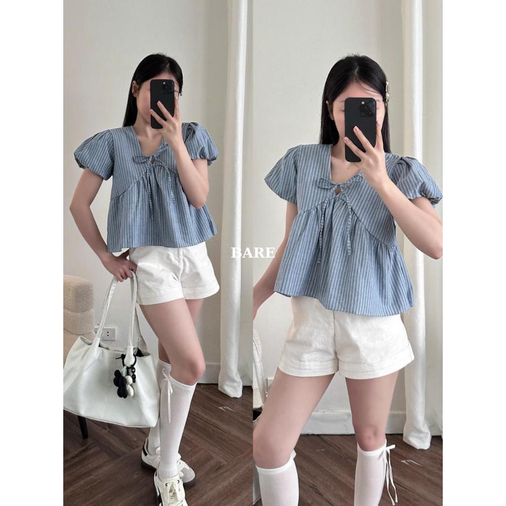 Áo Babydoll Sọc Tay Bồng Buộc Nơ – Kiểu Cổ Chữ V Thắt Nơ Form Xòe Freesize Vintage_A551