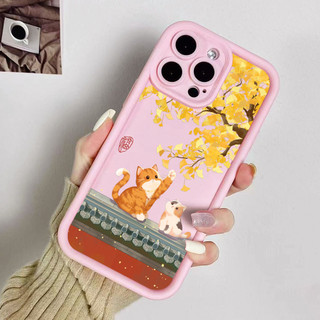 Ốp điện thoại hình mèo dưới cây bạch quả cho iPhone 17 / 16 / 15 Pro Max / 14 / 13 / 12 / 11 / Mini 7 / 8 Plus Xs X Ốp bảo vệ hình thang bằng silicon mềm chống sốc