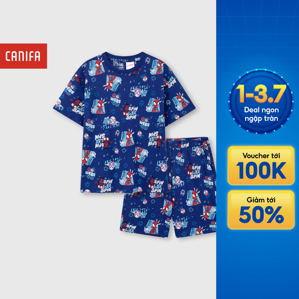 Bộ quần áo bé trai CANIFA bộ thun hè cộc tay chất cotton mềm mịn mát in họa tiết 2LS26S002