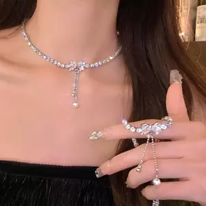 Mặt dây chuyền ngọc trai nơ thời trang Nelace Punk Dây chuyền xương đòn bằng kim cương giả sáng bóng dành cho nữ Cô gái Y2K Phụ kiện trang sức dự tiệc Quà tặng VN