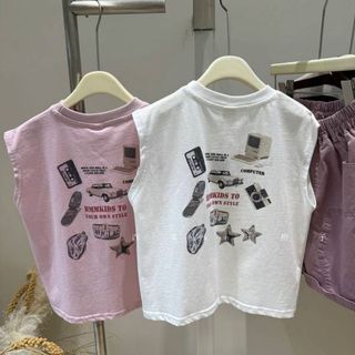 Mùa Hè Bé Trai In Chữ Áo Vest Không Tay Phong Cách Hàn Quốc Cotton Nguyên Chất Rời Cổ Tròn Sóng Viền Áo Vest Top