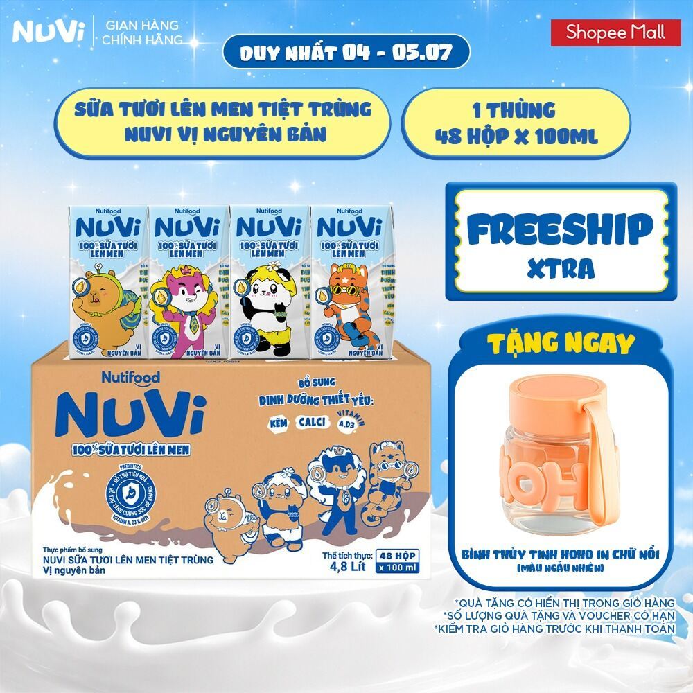 [KHÔNG CÓ THẺ] Thùng 48 Hộp Sữa Tươi Lên Men Tiệt Trùng Nuvi vị Nguyên Bản 100ml