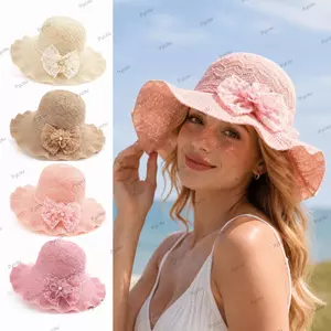Mũ Rơm Vành Rộng PYCOU, Mũ Chống Nắng Ruffle Dệt Ruffle Có Thể Điều Chỉnh, Ngọt Ngào Có Thể Gập Lại Thoáng Khí Ren Hoa Nơ Floppy Bucket Hat Dành Cho Nữ Bé Gái