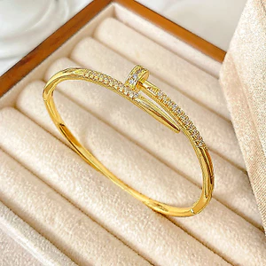 Vòng tay móng tay mạ vàng 18K dành cho nữ - Full Crystal được trang trí - Vòng đeo tay mở có thể điều chỉnh - Luxury 20g Comfort