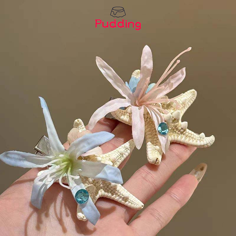 [pudding] Ocean Series Edge Clip Starfish Bangs Clip Kỳ nghỉ dành cho nữ Mũ đội đầu hoa đi biển