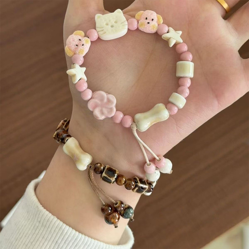 Dễ Thương Chó Con Mèo Vòng Tay Gốm Hoạt Hình Cặp Đôi Vòng Tay Người Bạn Thân Nhất Vòng Tay Niche