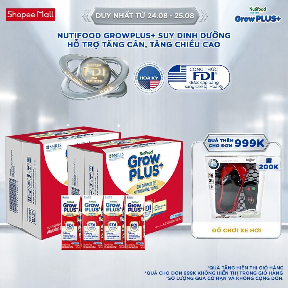 Thùng SBPS Nutifood GrowPLUS+ ít đường Suy Dinh Dưỡng - Tăng Cân, Tăng Chiều Cao (48 Hộp x 180ml) (Bao bì tùy lô hàng)