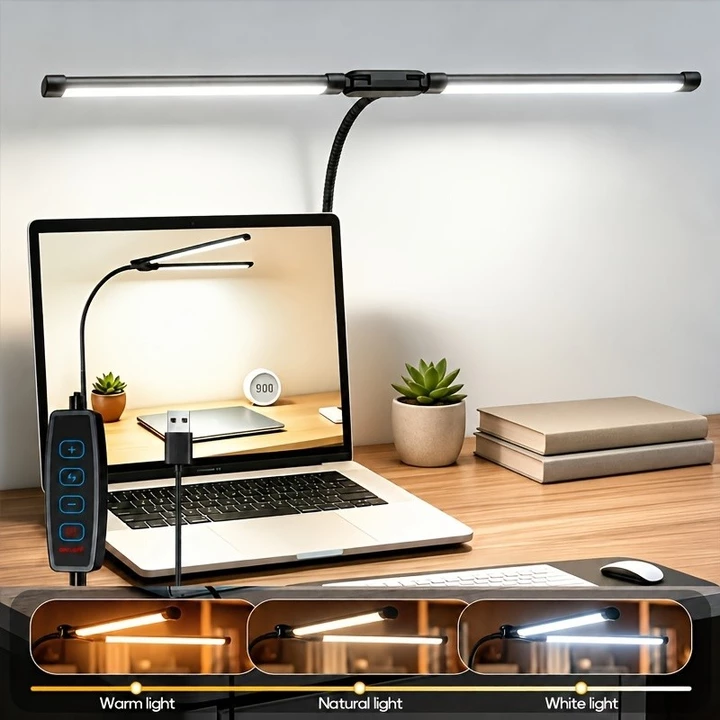 Đèn bàn LED ba màu thông minh, Đèn bàn LED hai đầu, Đèn bàn USB có kẹp, Đèn bàn LED hai đầu-10 mức độ sáng, Thiết kế cổ ngỗng linh hoạt có thể điều chỉnh, Đèn màn hình máy tính, Đèn bàn hai đầu có thể