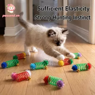 PWSSEND 1 Đồ chơi chơi cho mèo, Tương tác với bóng Pompom sang trọng & chuông Đồ chơi cho mèo lò xo xoắn ốc, Đồ chơi trêu ghẹo mèo con tự chơi thực tế Đồ dùng cho mèo cưng