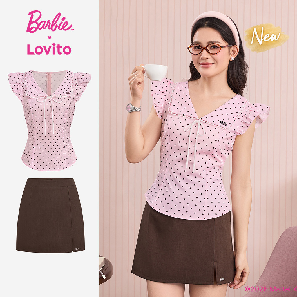 (New Arrival) Barbie™ X Lovito Áo hoặc Quần Mặc Thường Họa Tiết Ruffle Thêu Mùa Xuân/Hè Áo Hồng Cho Nữ KSBL6PAD026